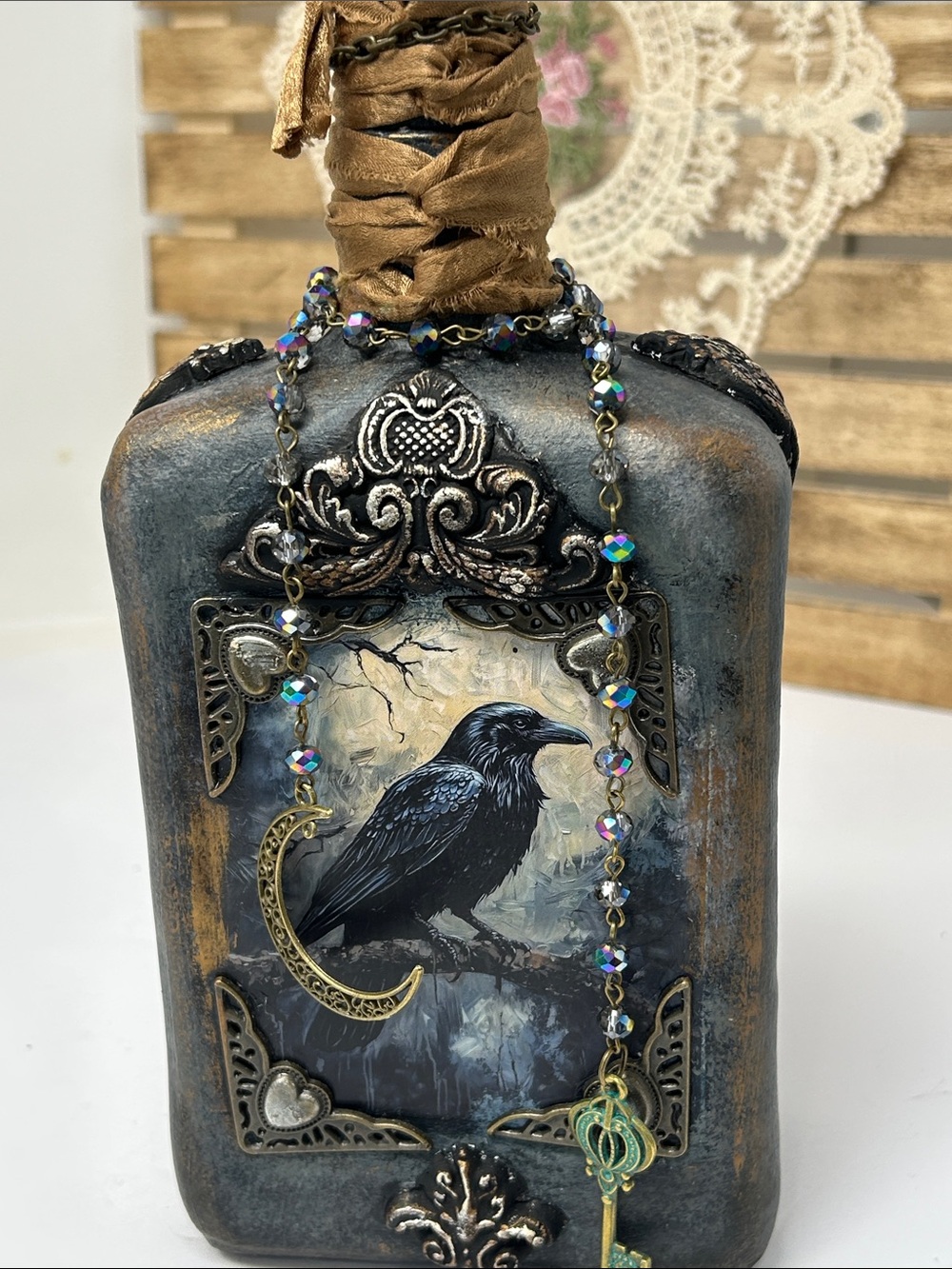Gothic Black Crow Embellished Hand Crafted One of a Kind Altered Whiskey Bottle